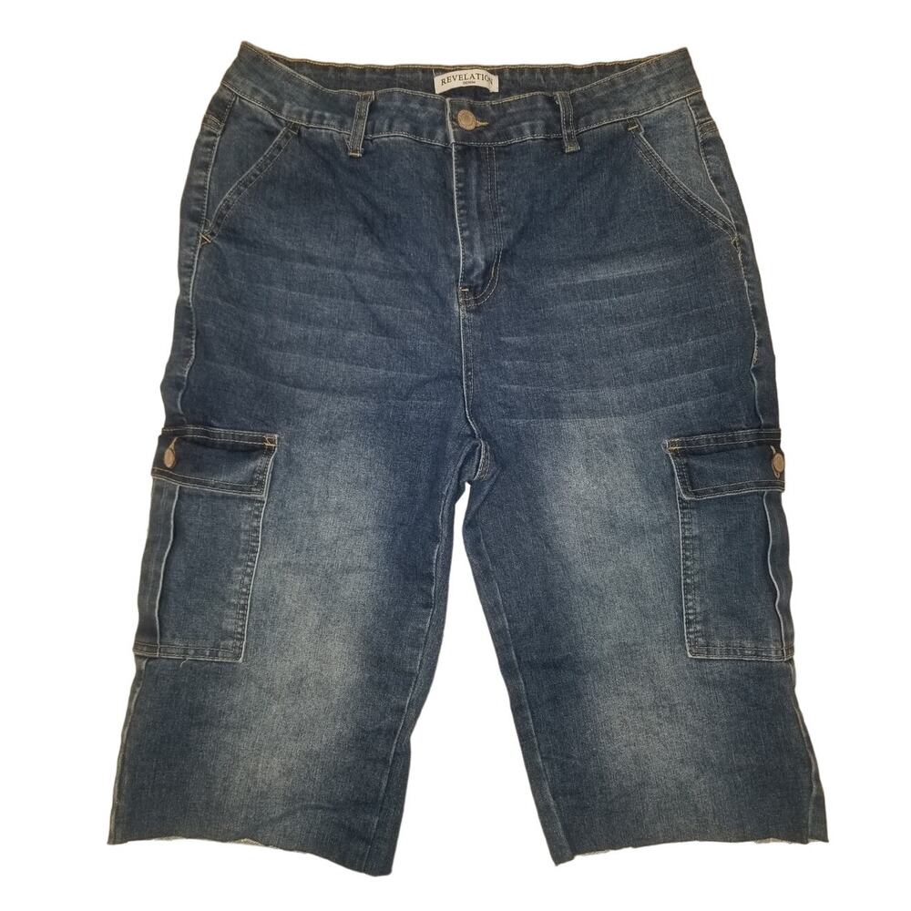 Revalation Jorts Womens 12‎ Blue Cargo 90s Baggy Cut Off Dad Shorts EUC
